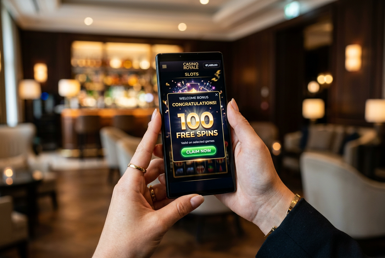 A person using a mobile phone to access casino free spins.