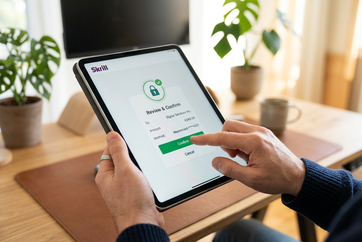 Close-up of a secure digital transaction being made on a tablet.